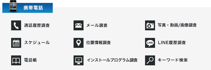 通話履歴調査　メール調査　写真・動画/画像調査　スケジュール　位置情報調査　LINE履歴調査　電話帳　インストールプログラム調査　キーワード検索